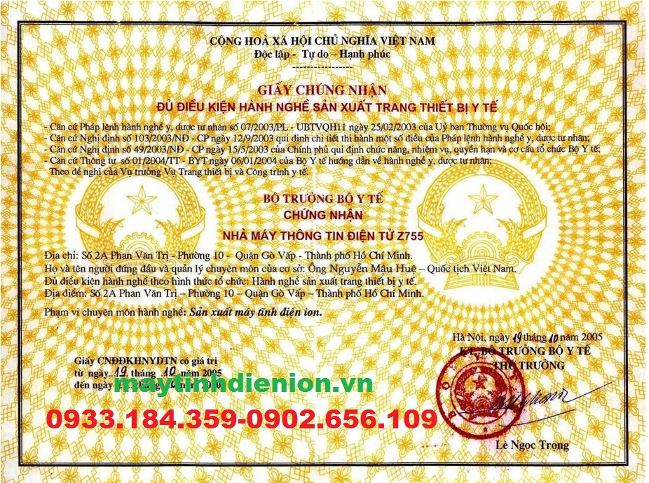 Giấy chứng nhận của Bộ Y Tế cho máy tĩnh điện ion
